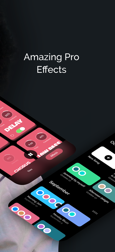 Interfaz de la aplicación Jam Looper que muestra efectos de audio profesionales como delay y chorus y una biblioteca de proyectos musicales guardados