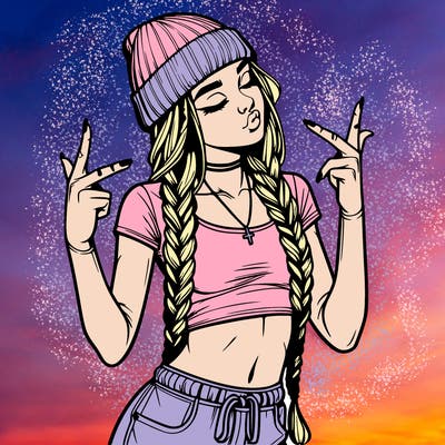 realistic teenage girl with braids and a beanie and crop top doing 🫶🏼