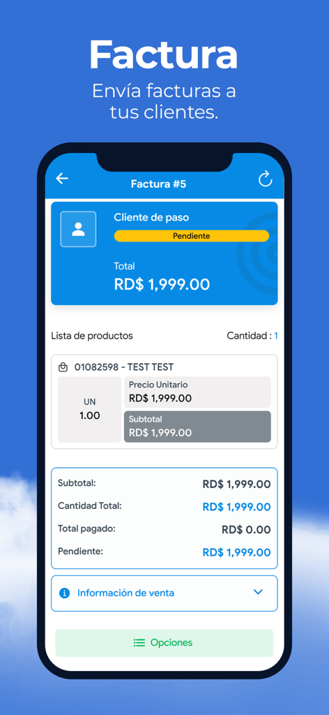 Préstamos CLOUD - Pantalla móvil de la aplicación Préstamos CLOUD que muestra una factura digital con detalles del cliente y estado de pago pendiente.