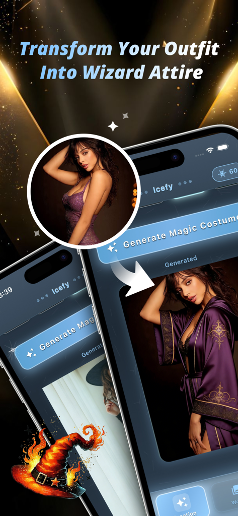 Smartphone screen showing the Icefy app transforming a woman's portrait into a purple wizard costume