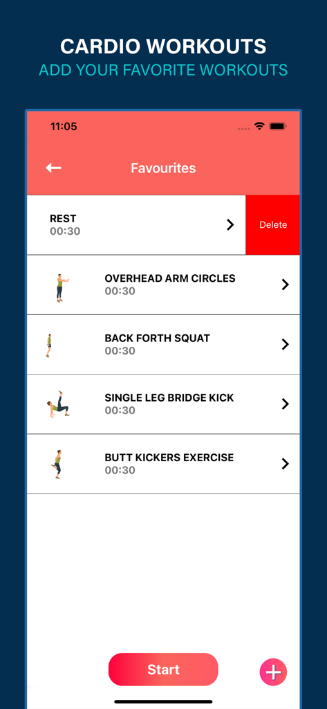 一連の timed bodyweight exercises が表示された Cardio Fitness アプリのお気に入りメニュー