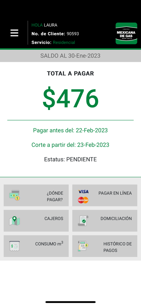 CMG Móvil - CMG Movil app interface showing a pending gas bill of 476 pesos with buttons for online payment and billing history.