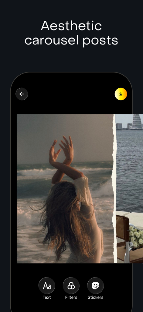 Zaps Collages - Mobile app interface for creating aesthetic seamless carousel posts with editing tools