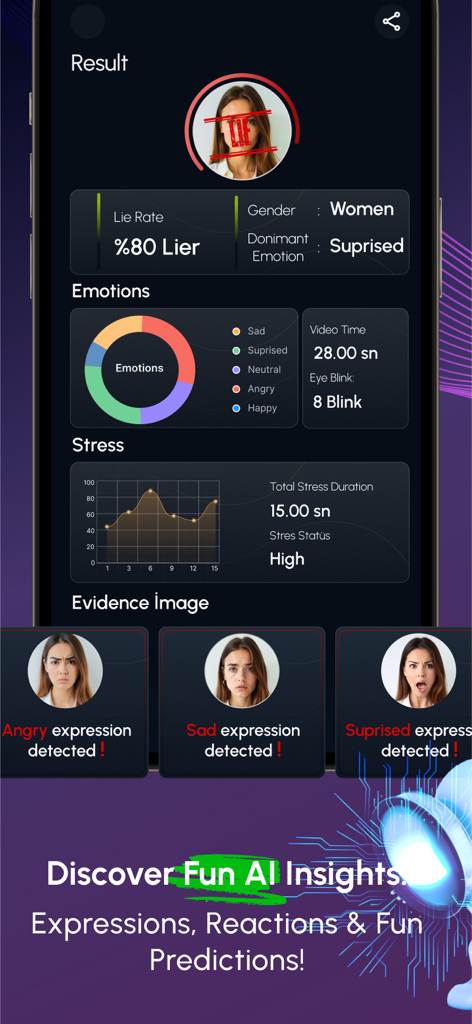 AI Lie Detector: Truth Test - AI Lie Detector app result screen showing lie probability and facial emotion analysis.