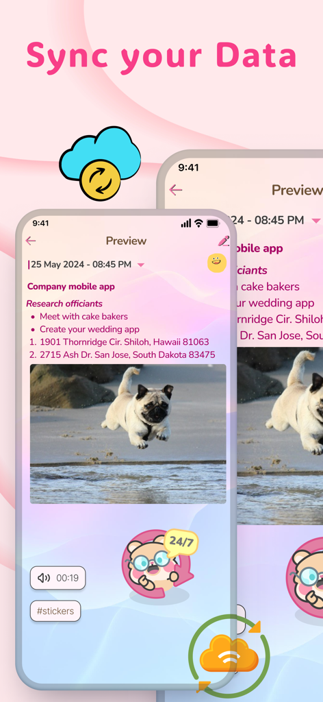 My Daily Diary - Mood Journal - 사진과 스티커가 있는 일기 항목과 클라우드 아이콘이 표시된 감정 일기 앱의 데이터 동기화 화면