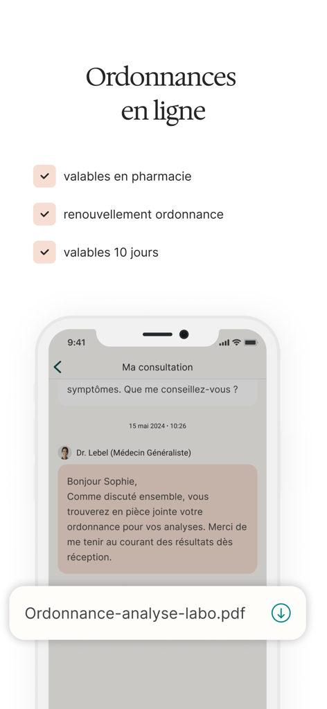 MedecinDirect | Consultez 24/7 - L'interface de l'application MedecinDirect affiche les détails de l'ordonnance en ligne et une conversation entre un médecin et un patient.