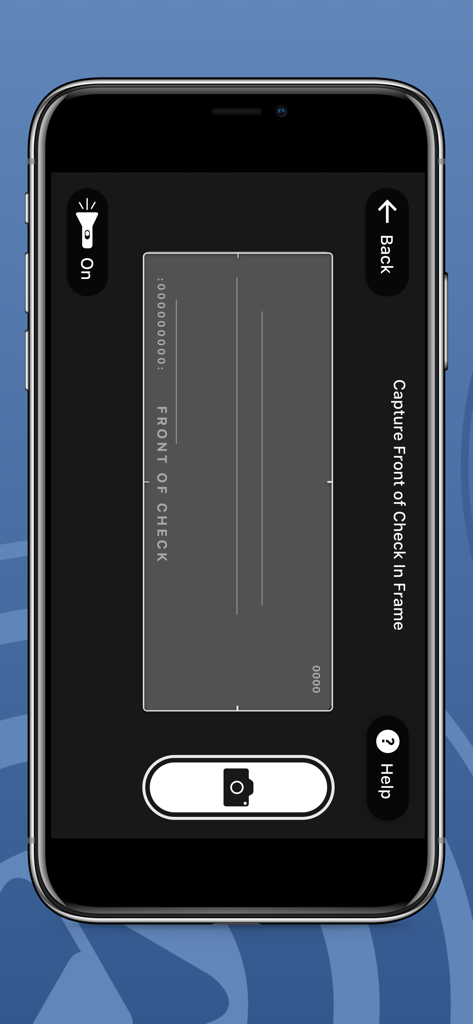 Oberfläche der PNC Mobile Banking App zum Erfassen der Vorderseite eines Schecks für die mobile Einzahlung.