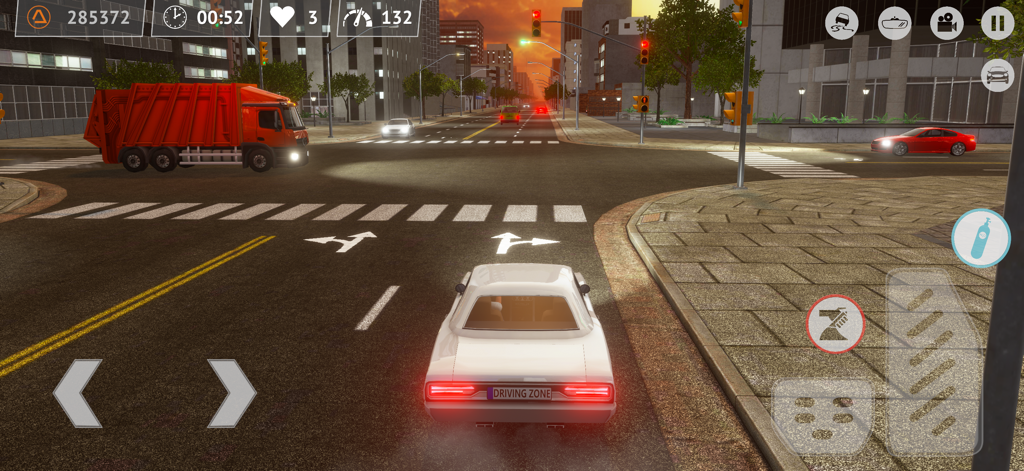 Driving Zone - A white car driving through a city intersection at sunset in Driving Zone