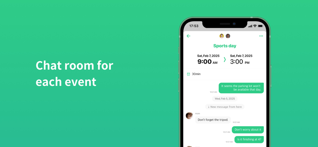 Un smartphone mostrando la app TimeTree con una sala de chat dedicada a un evento de calendario específico.