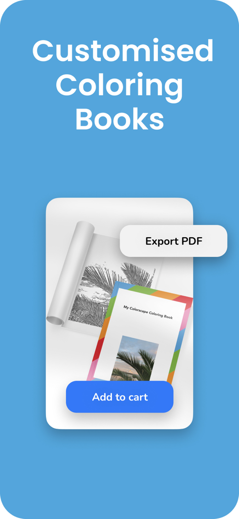 Interfaccia per la creazione ed esportazione di libri da colorare personalizzati come PDF dall'app Colorscape