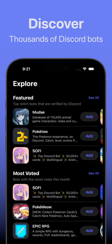 Bots for Discord - Uno screenshot dell'app Bot per Discord che mostra la schermata Esplora con bot in primo piano e più votati come Mudae e Poketwo
