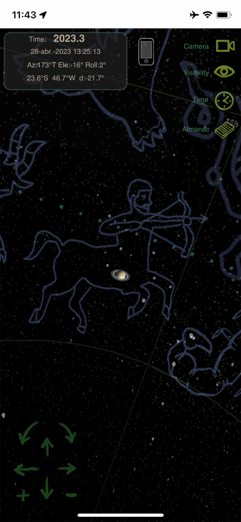 Planet Fun 앱 인터페이스에 궁수자리 별자리 선과 밤하늘의 별이 표시됨