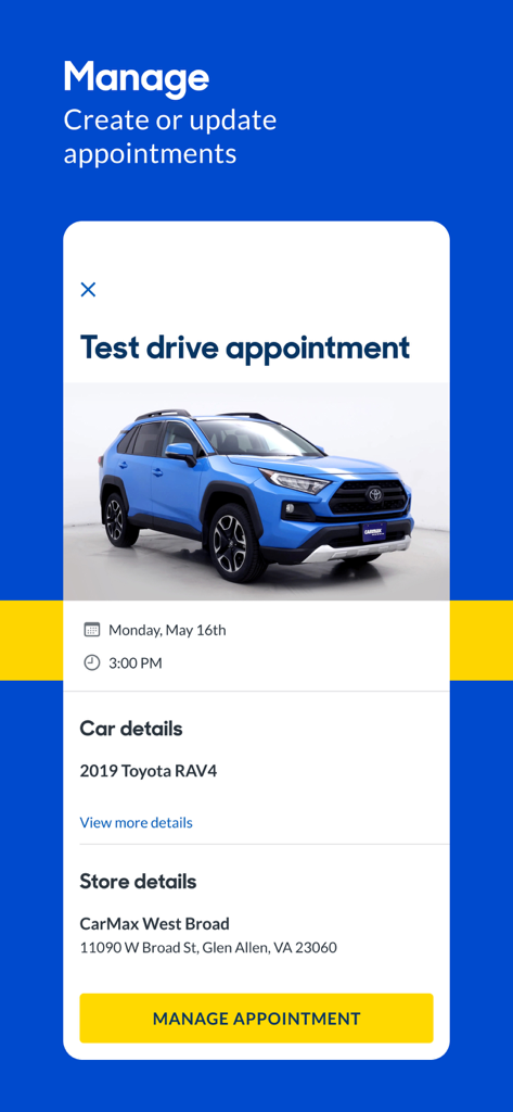 CarMax: Used Cars for Sale - Test drive appointment management screen in the CarMax app for a Toyota RAV4