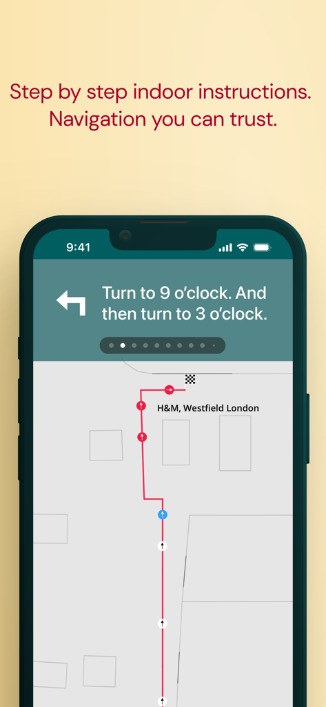 Waymap - Waymap mobile app screenshot showing indoor navigation instructions and a walking route on a floor plan map
