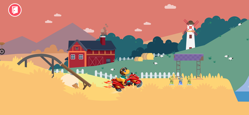 A dinosaur riding a red dirt bike across a farm landscape with a barn and windmill.