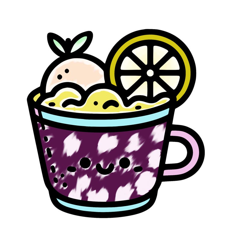 a cup of lemonade, with a lemon on the cup