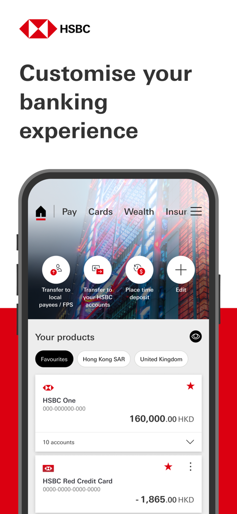 HSBC HK Mobile Banking app dashboard showing customizable banking options and account balances