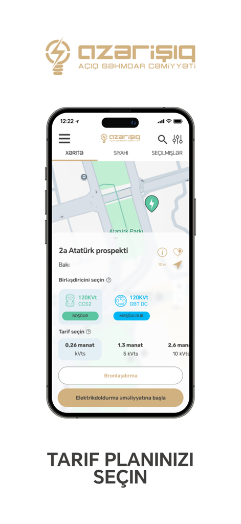 Azərişıq VEP – EV Charging - Mobile app screen showing electric vehicle charging station details in Baku with map location connector types and pricing plans