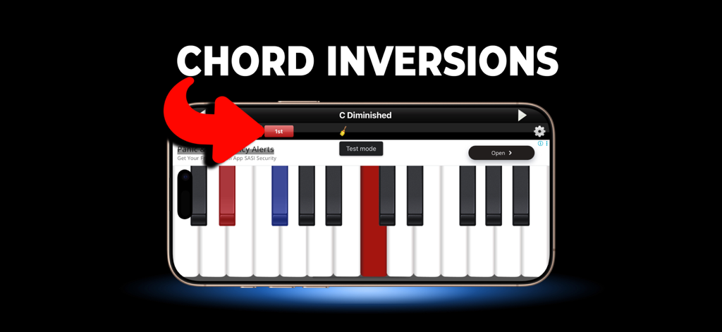 Piano Chords & Scales Lite - Interfaz de la aplicación Piano Chords and Scales Lite mostrando la primera inversión de un acorde de Do Disminuido en un teclado digital.