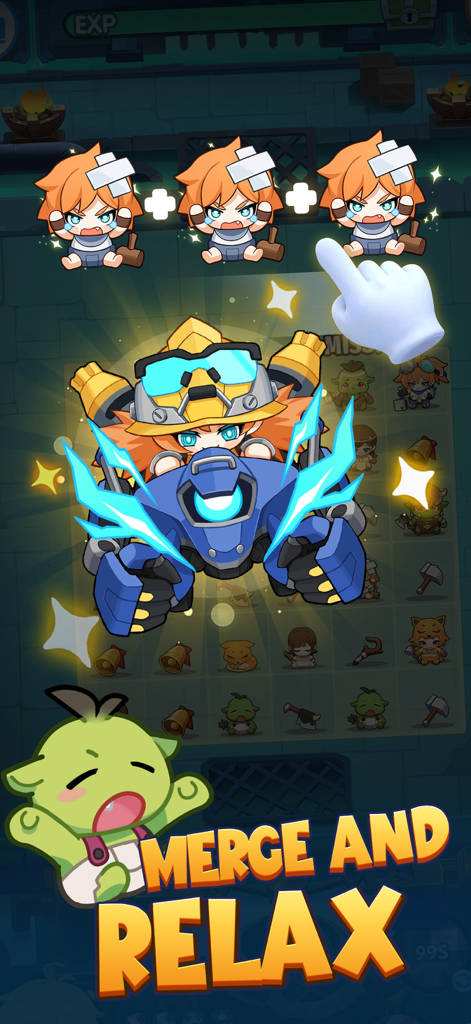 Ragnarok Crush: Match & Merge - A gameplay screenshot of Ragnarok Crush showing three characters merging into a more powerful hero with the text Merge and Relax.