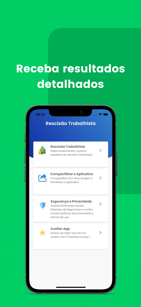 Menu principal do aplicativo móvel Calcular Rescisao Trabalhista mostrando cálculo de verbas rescisórias e opções de configurações em um smartphone.
