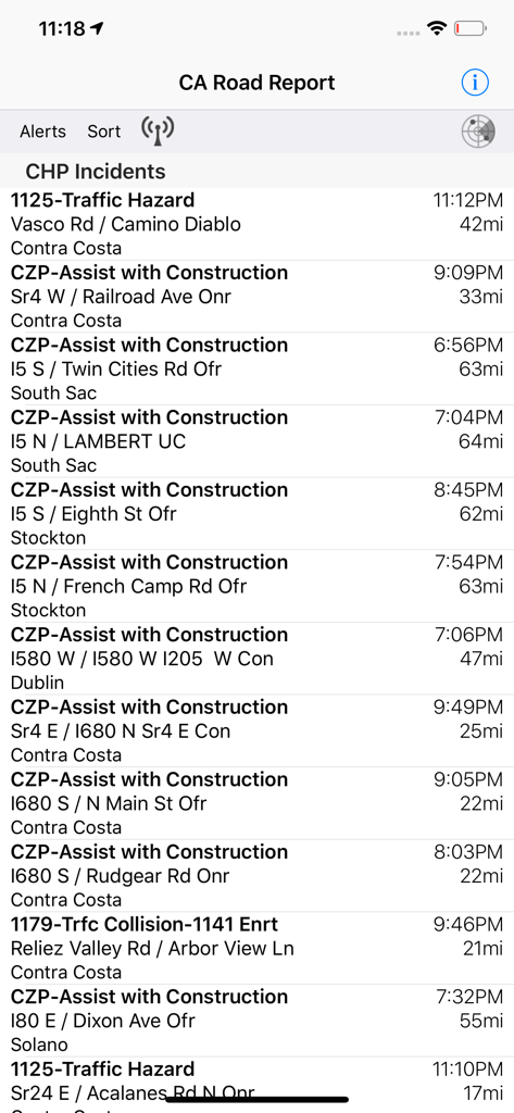 California Road Report - California Road Report app showing a list of CHP traffic incidents and road hazards