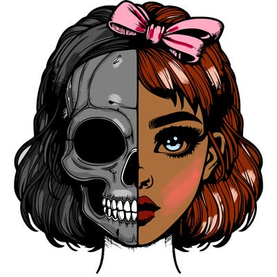 realistic girl with half skull mask