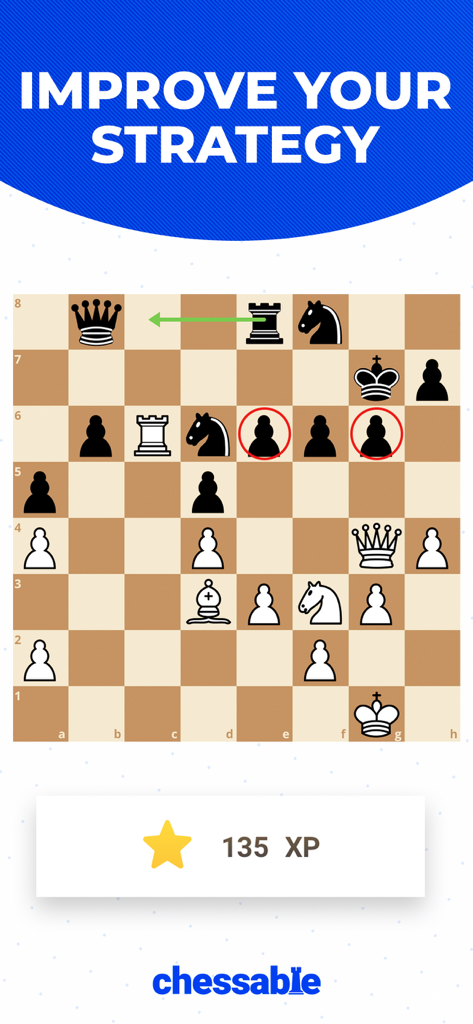 Écran de l'application Chessable montrant un échiquier pour l'entraînement stratégique avec le titre Améliorez Votre Stratégie.