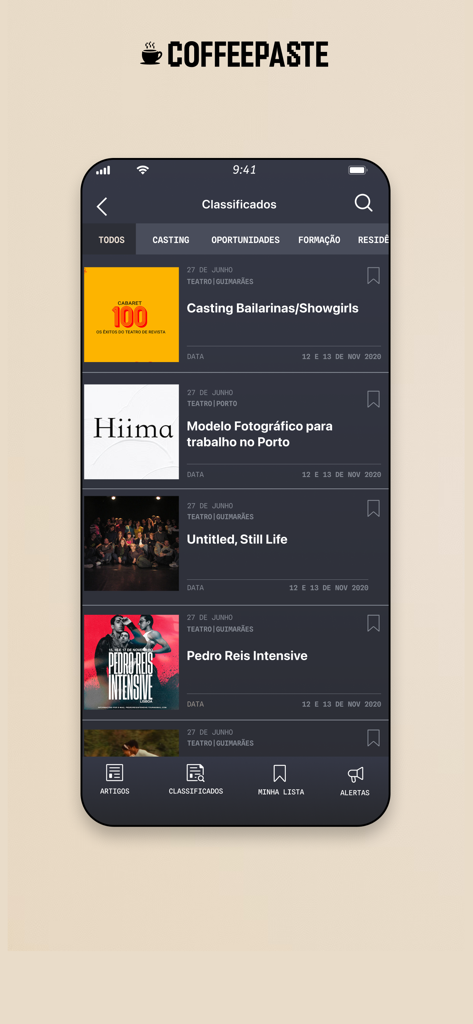 Screenshot of the Coffeepaste app showing performing arts casting calls and training opportunities.