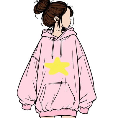 realistic girl with a oversized sweatshirt on and a bun