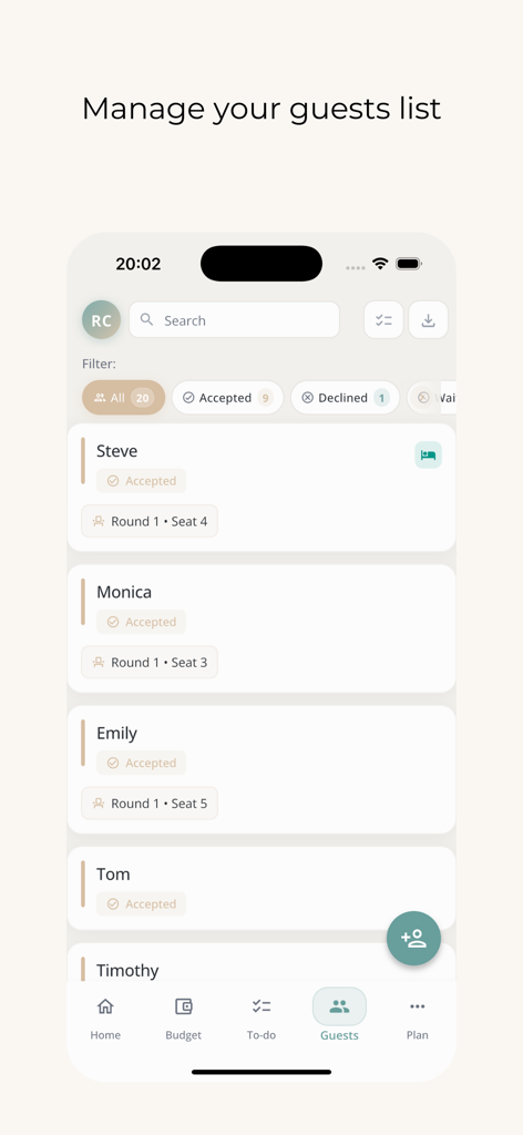 Mobile app interface showing a wedding guest list with RSVP status and seating assignments