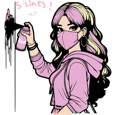 realistic girl with mask spray painting a wall