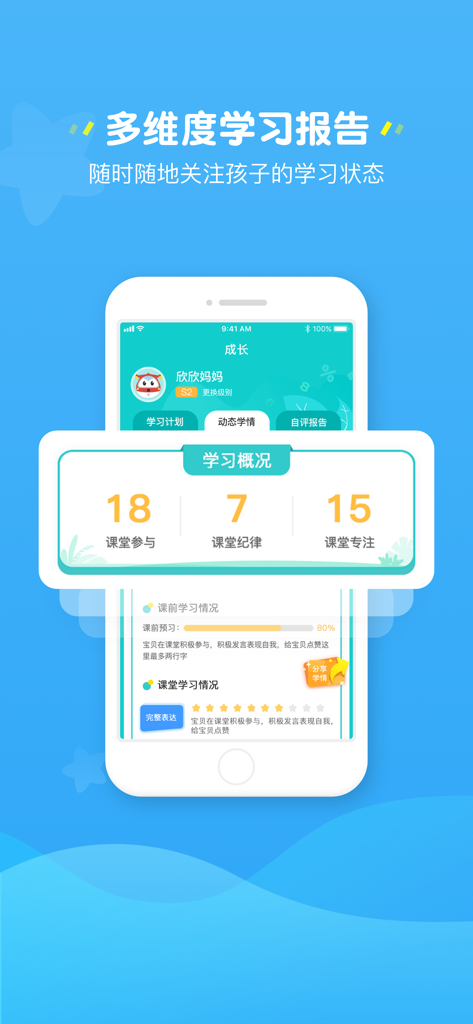 Lernberichts-Bildschirm in der Erziehungskompetenz-Eltern-App mit Metriken zum Fortschritt des Schülers.