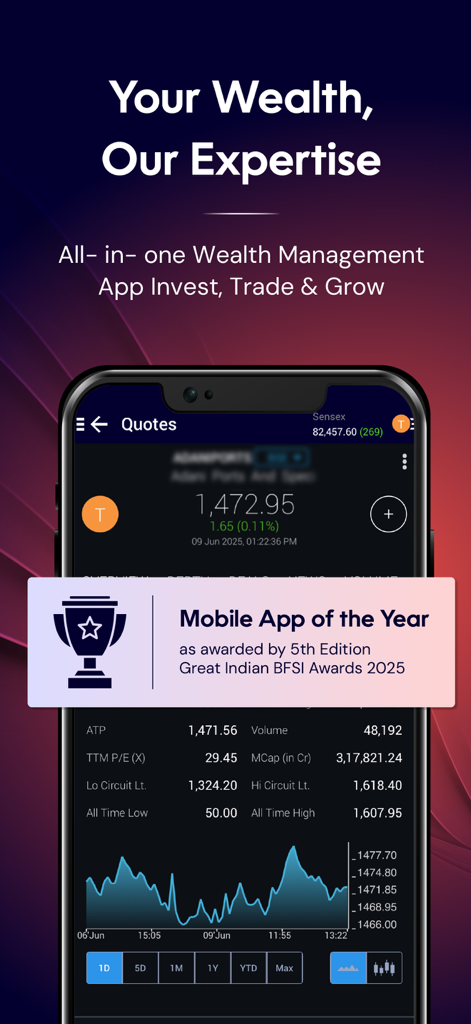 Nuvama: Live Share Trading App - Nuvama wealth management app interface displaying stock quotes and award for mobile app of the year