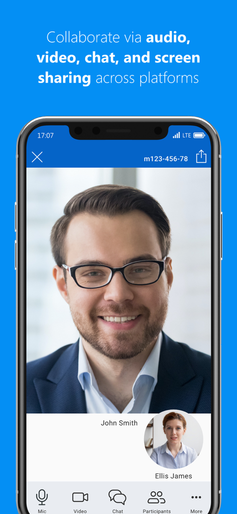 TeamViewer Meeting - Professionelle mobile Videoanruf-Oberfläche der TeamViewer Meeting App mit Teilnehmern und Kollaborationstools wie Audio, Video und Chat