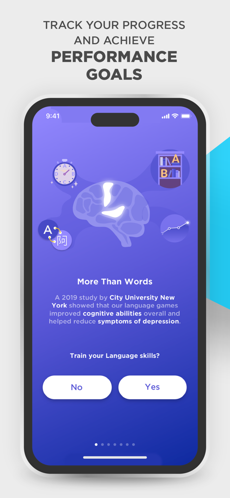 Peak - Brain Training - Una pantalla móvil de la aplicación Peak que muestra el seguimiento del progreso y los beneficios del entrenamiento del lenguaje basados en estudios científicos