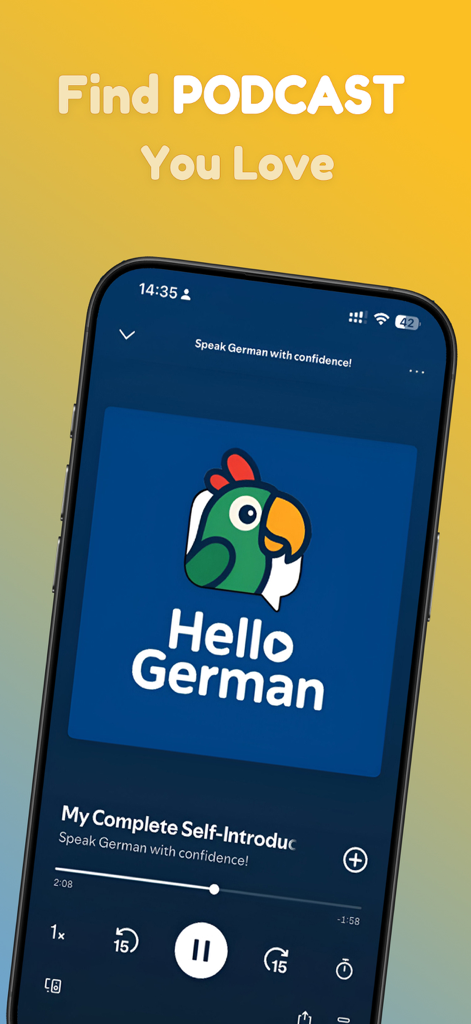 Hello German - Learn German - Interface do reprodutor de podcast do aplicativo Hello German para aprender alemão através de aulas de áudio