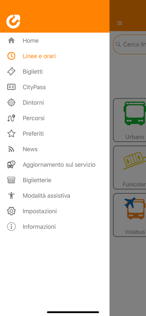 The side navigation menu of the AMT Genova mobile app displaying transport options like tickets, routes, and bus schedules in Italian.