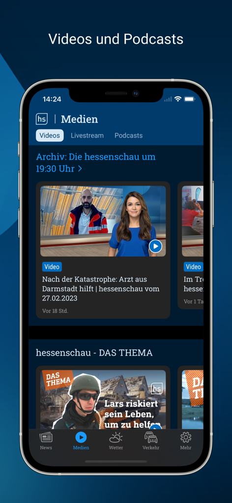 Interface média de l'application hessenschau affichant des vidéos et des podcasts d'actualités allemandes en mode sombre.