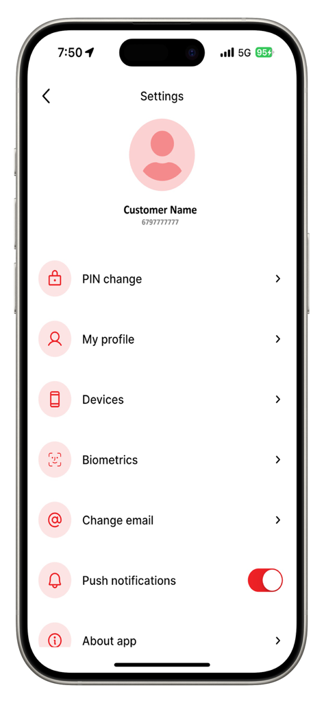 MyCash Digicel - Tela de configurações do aplicativo móvel MyCash Digicel mostrando perfil, segurança e opções de notificação