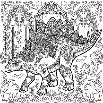 Dive into a realm where prehistoric might meets dark elegance with this captivating Gothic Stegosaurus coloring page. Embellished with intricate Victorian details and surrounded by mysterious archways, it offers a truly unique coloring experience.