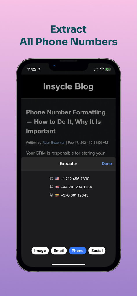 Extractor for Safari - Captura de pantalla de un iPhone de la extensión Extractor para Safari que muestra la interfaz mostrando varios números de teléfono internacionales extraídos de una página web.