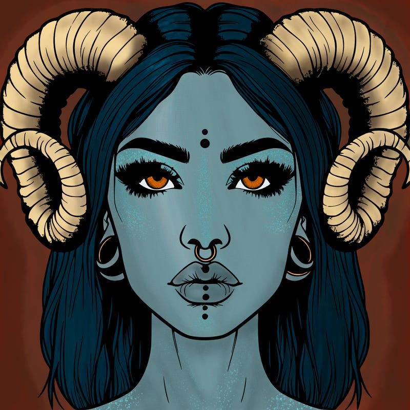 realistic woman with ram horns and piercings