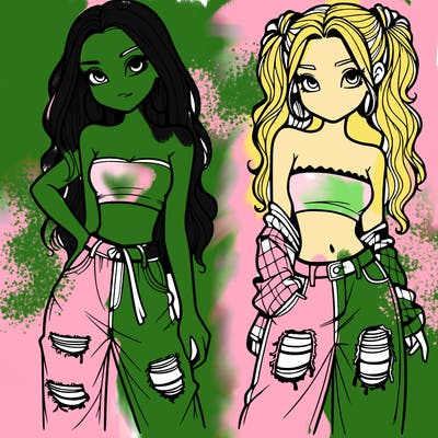 2 girls in crop tops and baggy jeans ripped