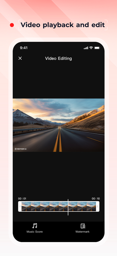 Redtiger Cam mobile app interface for video playback and editing dashcam footage