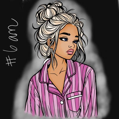 realistic woman with pajamas on and a messy bun