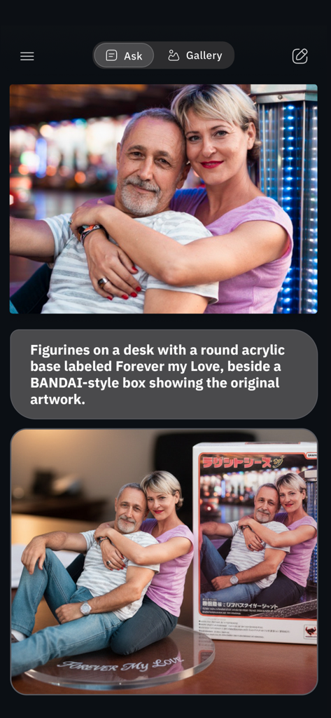 Interface of Gimin AI Photo Editor showing a photo of a couple being transformed into a 3D figurine set using an AI text prompt