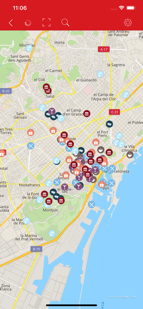 GlobusGO - Aplicación móvil GlobusGO mostrando un mapa de ciudad sin conexión de Barcelona con iconos de puntos de interés seleccionados