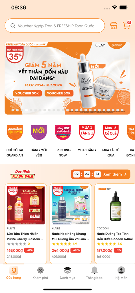 Interfaz de la aplicación móvil Guardian VN que muestra descuentos en productos de belleza y ventas flash