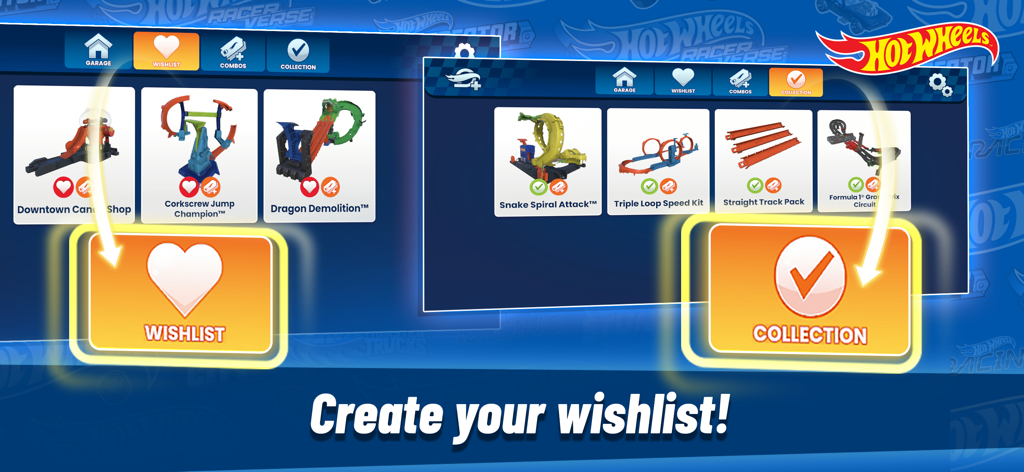 Hot Wheels Track Creator app interface for managing track set wishlist and collection